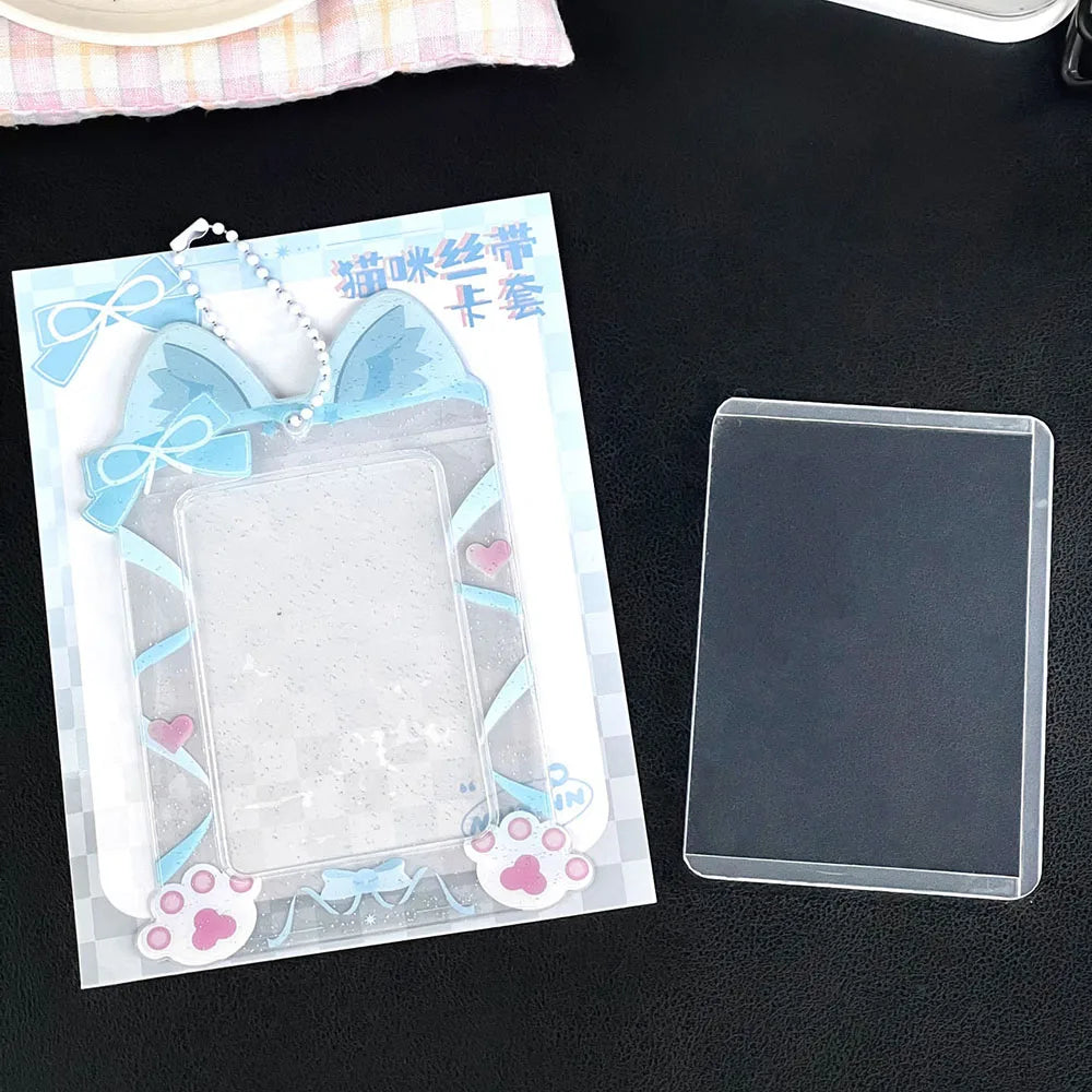 Cute Cat Photocard Holder Glitter Transparent Idol 3 Inch Photo Card Sleeves PVC Student ID Bus Card Case Keychain Bag Pendant