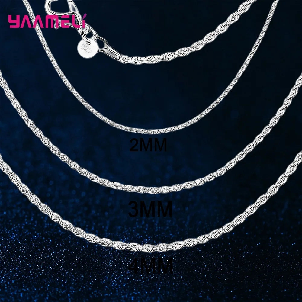 Top Sale Real Pure 925 Sterling Silver Necklace Jewelry Chain for Men Women 2MM 3MM 4MM Width Twisted Rope with Lobster Clasps