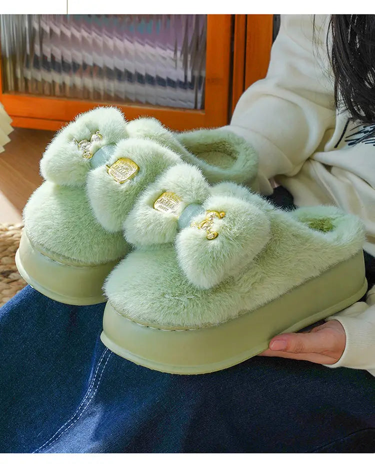 Pink clog slippers with fur slides women's indoor kawaii bowknot mules woman winter 6 cm platform fluffy home slippers ladies