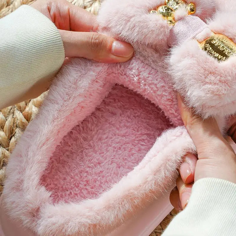Pink clog slippers with fur slides women's indoor kawaii bowknot mules woman winter 6 cm platform fluffy home slippers ladies