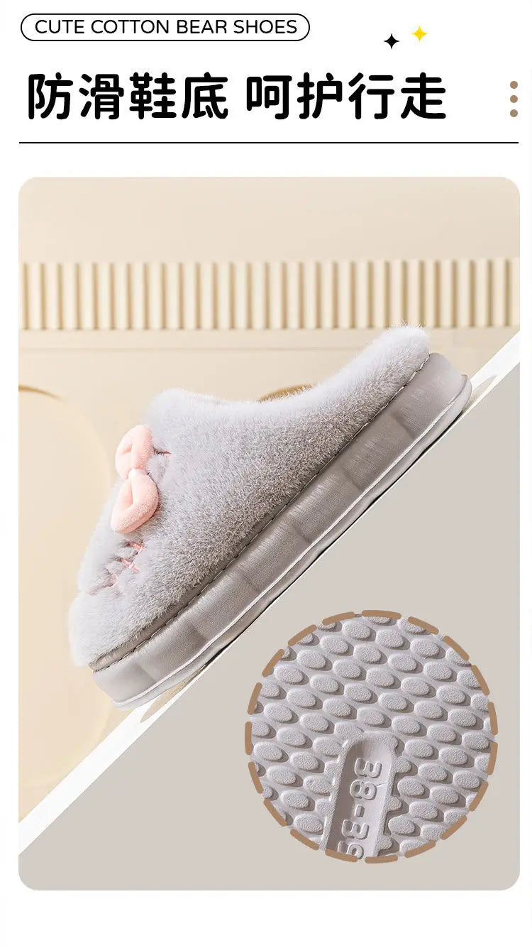 New green bow slippers winter women's 2024 shoes thick sole fuzzy slippers for home mules shoes woman fluffy metal house slipper