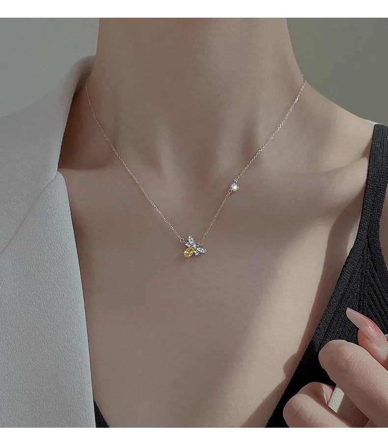 Fashion 925 Sterling Silver Small Bee Zircon Necklace Charm Animal Pendant Cute Clavicle Chains Fine Jewelry for Women