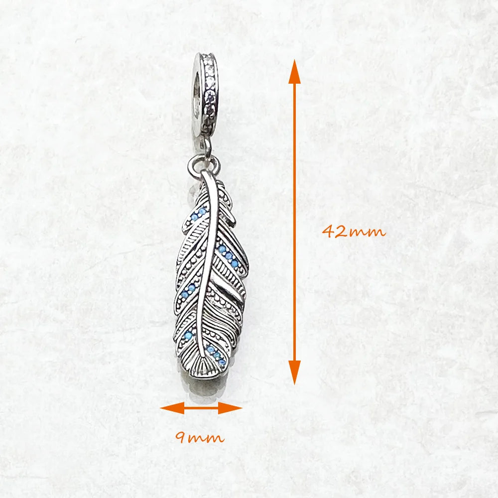 Fashion New 925 Sterling Silver Feather Blue Pendants Charm For Women Men Trendy Accessory Making