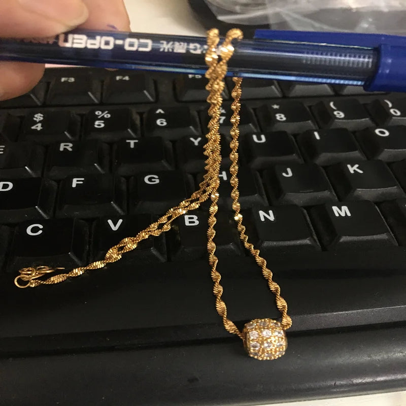 Fashion Lucky Beads Authentic 24k Gold Color Necklace 2mm46cm Water Ripple Necklace For Women Wedding Jewelry Gifts