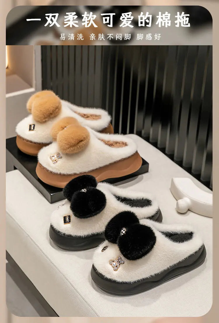 Pink clog slippers with fur slides women's indoor kawaii bowknot mules woman winter 6 cm platform fluffy home slippers ladies