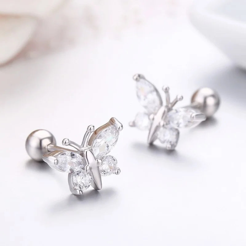 Cute 925 Sterling Silver Butterfly Pink CZ Screw Back Stud Earrings For Women Child Girls Kids Jewellery Orecchini Aros Aretes