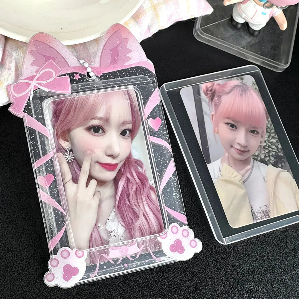 Cute Cat Photocard Holder Glitter Transparent Idol 3 Inch Photo Card Sleeves PVC Student ID Bus Card Case Keychain Bag Pendant