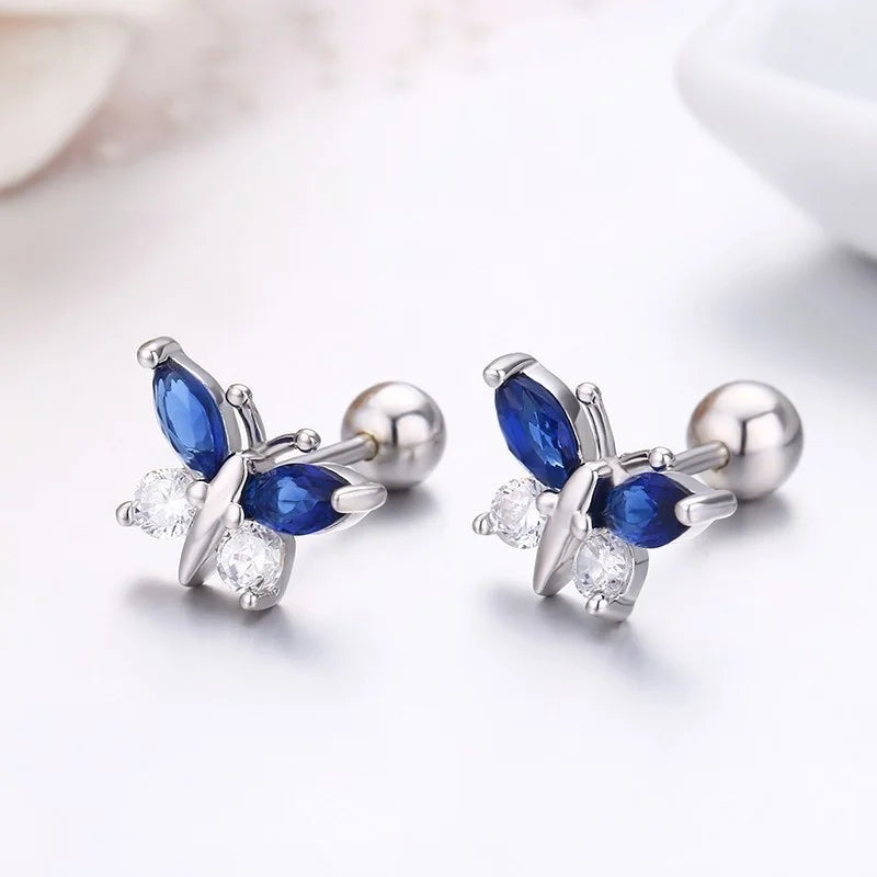 Cute 925 Sterling Silver Butterfly Pink CZ Screw Back Stud Earrings For Women Child Girls Kids Jewellery Orecchini Aros Aretes