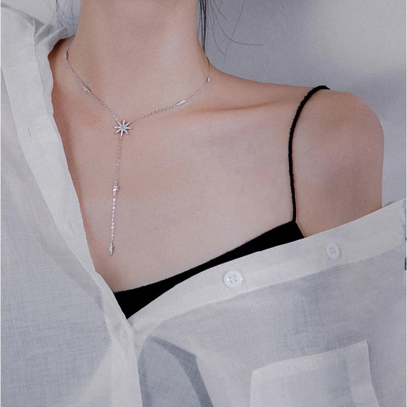 Hot 925 Sterling Silver Long Choker Glitter Diamond Round Necklace Ladies Clavicle Chain Exquisite Wedding Party Fine Jewelry
