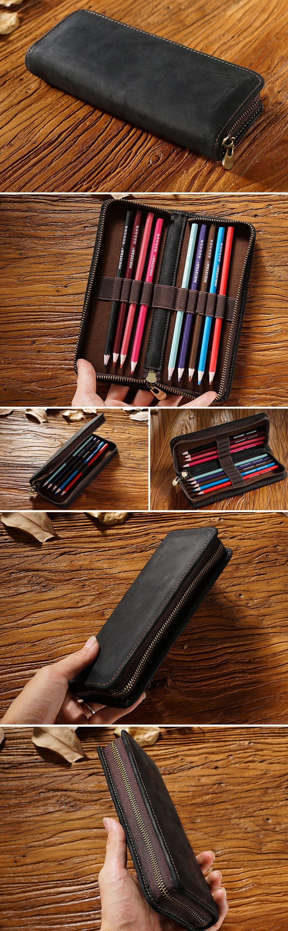 Genuine Leather Multi-functional Pencilcase with Pen Holder Organizer Zipper Pen Case Stationery