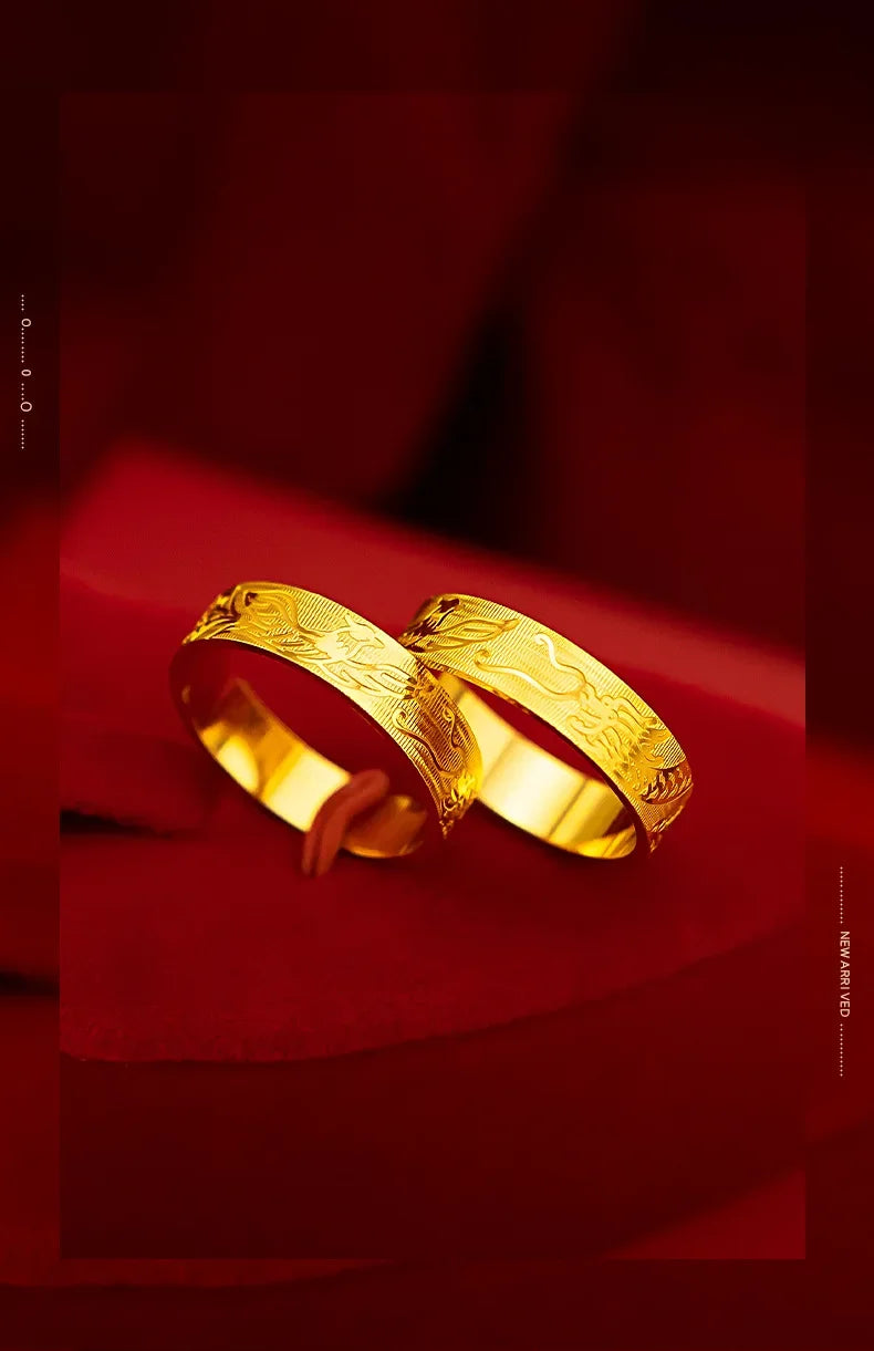 9999 real gold 24K yellow gold Ring Women and Men's Dragon and Phoenix Wedding Ring