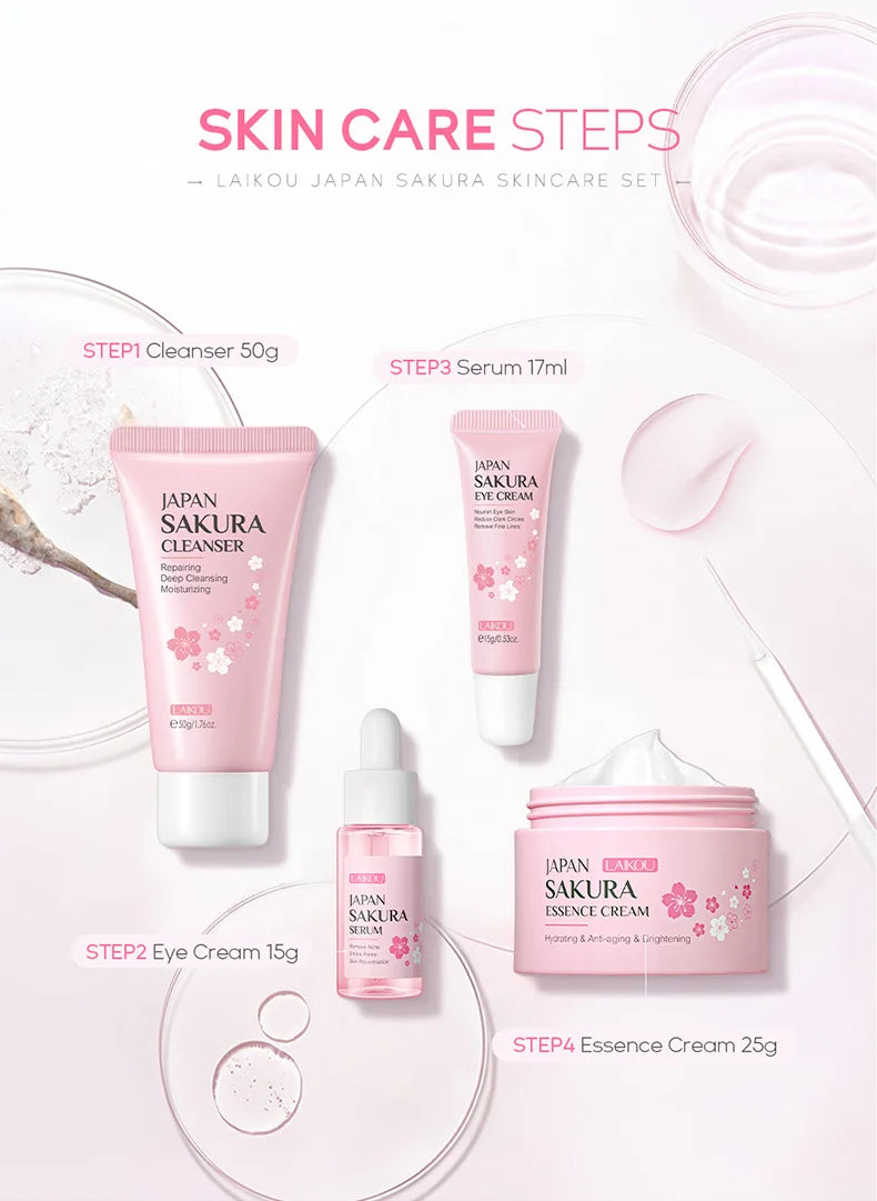 Facial Products Kit Sakura Skin Care Set Facial Cleanser Serum Face Cream Fade Dark Circles Eye Cream Korean Skincare Products