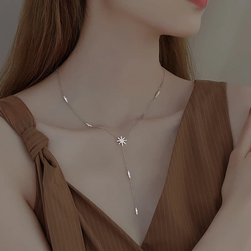 Hot 925 Sterling Silver Long Choker Glitter Diamond Round Necklace Ladies Clavicle Chain Exquisite Wedding Party Fine Jewelry