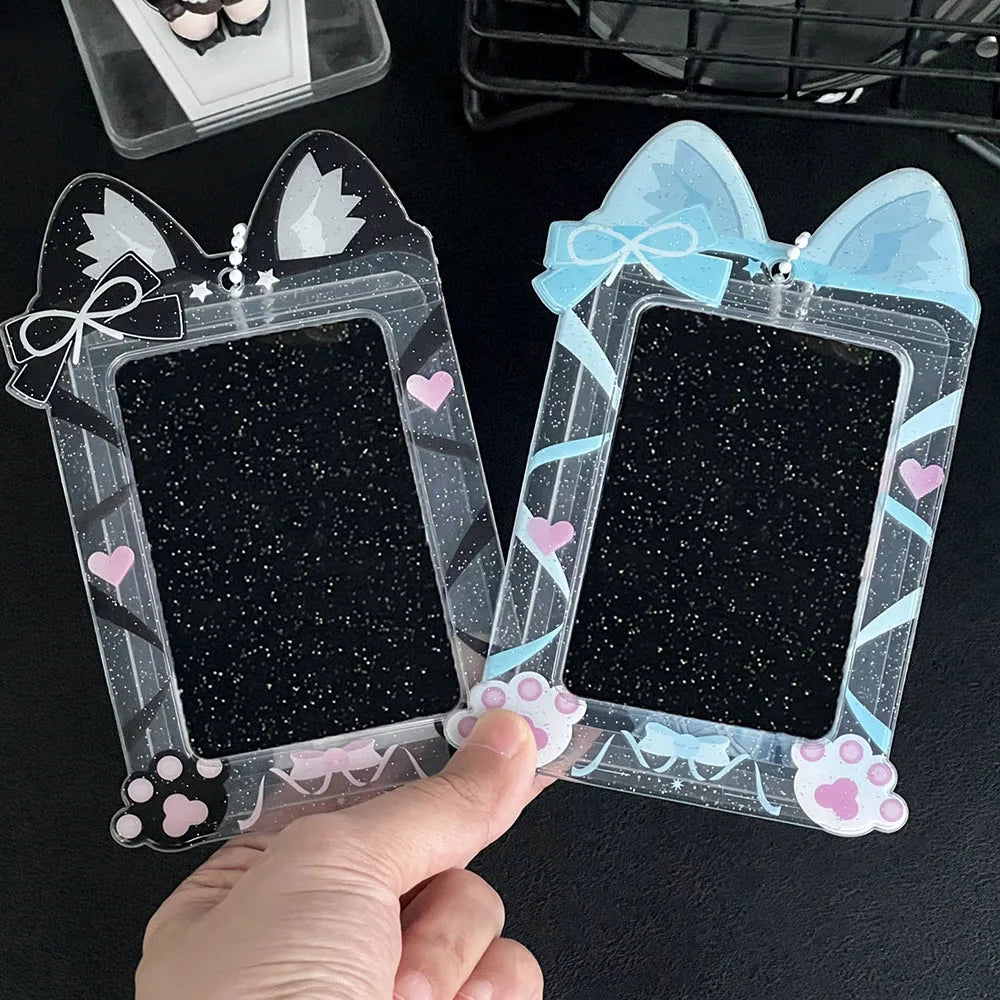 Cute Cat Photocard Holder Glitter Transparent Idol 3 Inch Photo Card Sleeves PVC Student ID Bus Card Case Keychain Bag Pendant