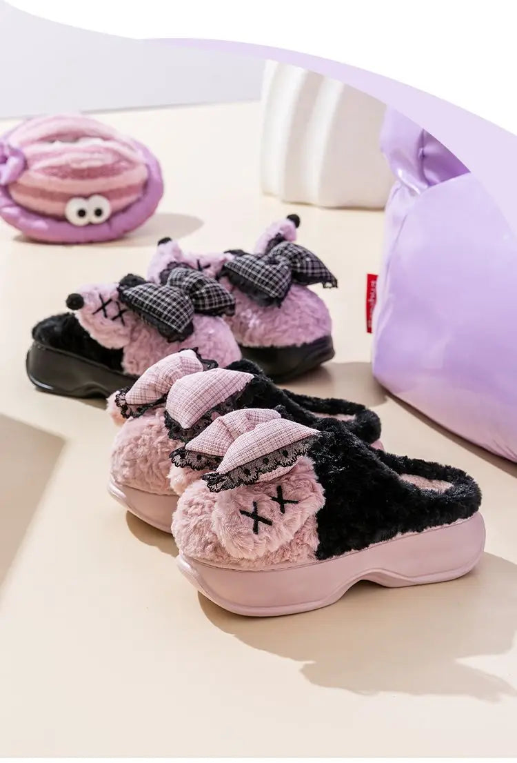 New green bow slippers winter women's 2024 shoes thick sole fuzzy slippers for home mules shoes woman fluffy metal house slipper