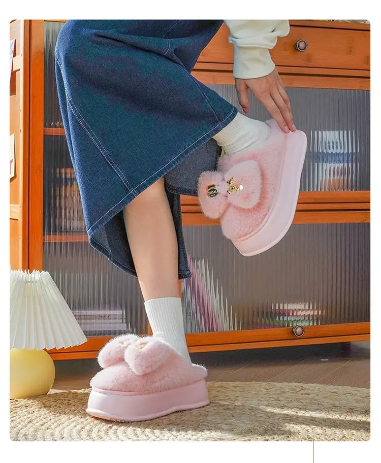 Pink clog slippers with fur slides women's indoor kawaii bowknot mules woman winter 6 cm platform fluffy home slippers ladies