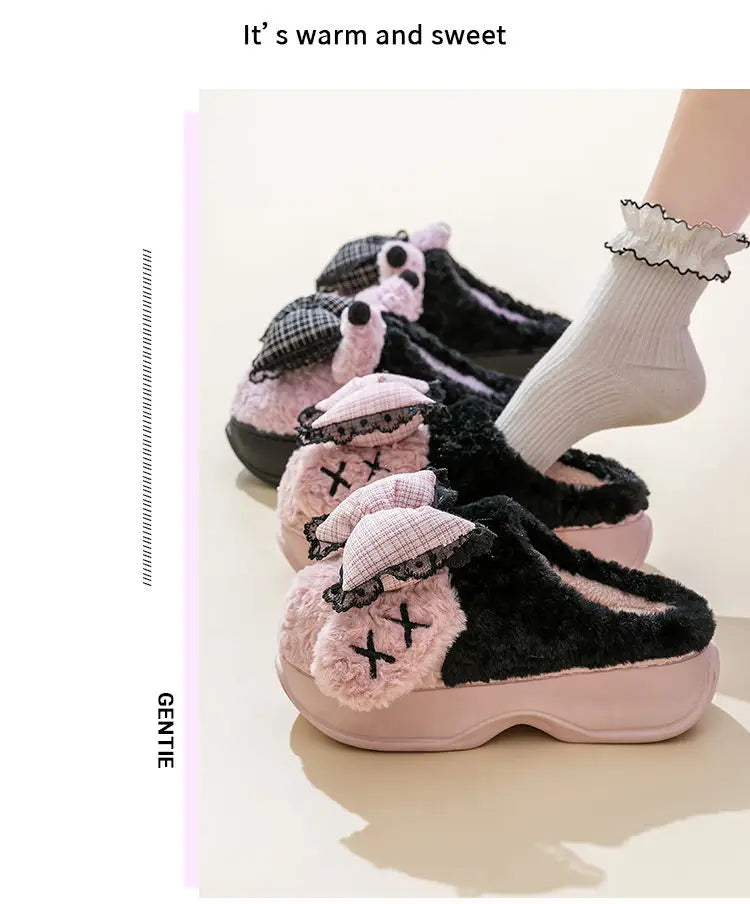 New green bow slippers winter women's 2024 shoes thick sole fuzzy slippers for home mules shoes woman fluffy metal house slipper