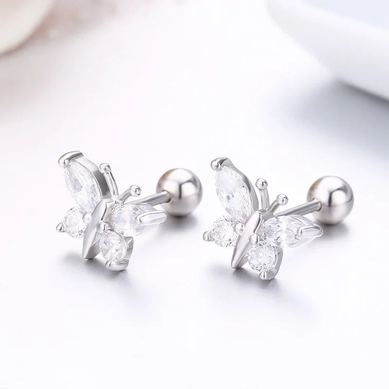 Cute 925 Sterling Silver Butterfly Pink CZ Screw Back Stud Earrings For Women Child Girls Kids Jewellery Orecchini Aros Aretes