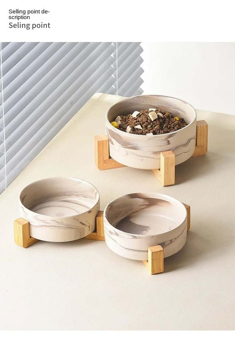 Marbling Ceramic Cat and Dog Bowl Medium Large Dog Feeding and Feeding Double Bowl with Wooden Rack Pet Puppy Accessories