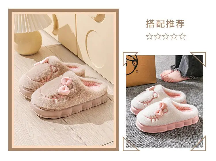 New green bow slippers winter women's 2024 shoes thick sole fuzzy slippers for home mules shoes woman fluffy metal house slipper