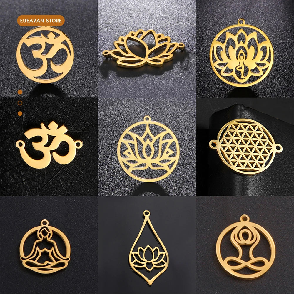 EUEAVAN 5pcs OM Buddhism Lotus Stainless Steel Charms for Jewelry Making Yoga Flower of Life Pendant DIY Necklace Bracelet Gifts