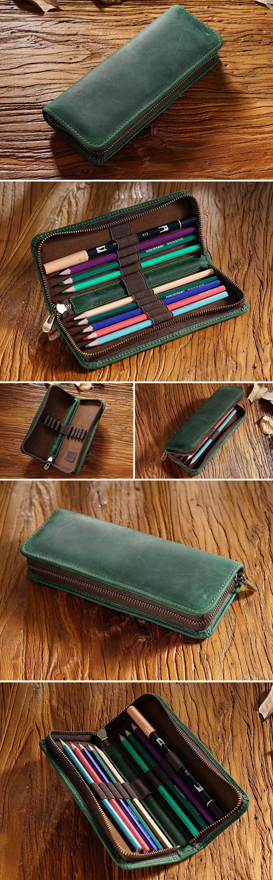 Genuine Leather Multi-functional Pencilcase with Pen Holder Organizer Zipper Pen Case Stationery