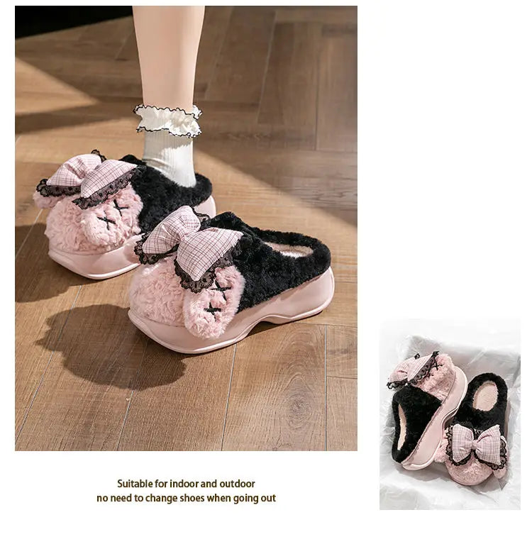 New green bow slippers winter women's 2024 shoes thick sole fuzzy slippers for home mules shoes woman fluffy metal house slipper