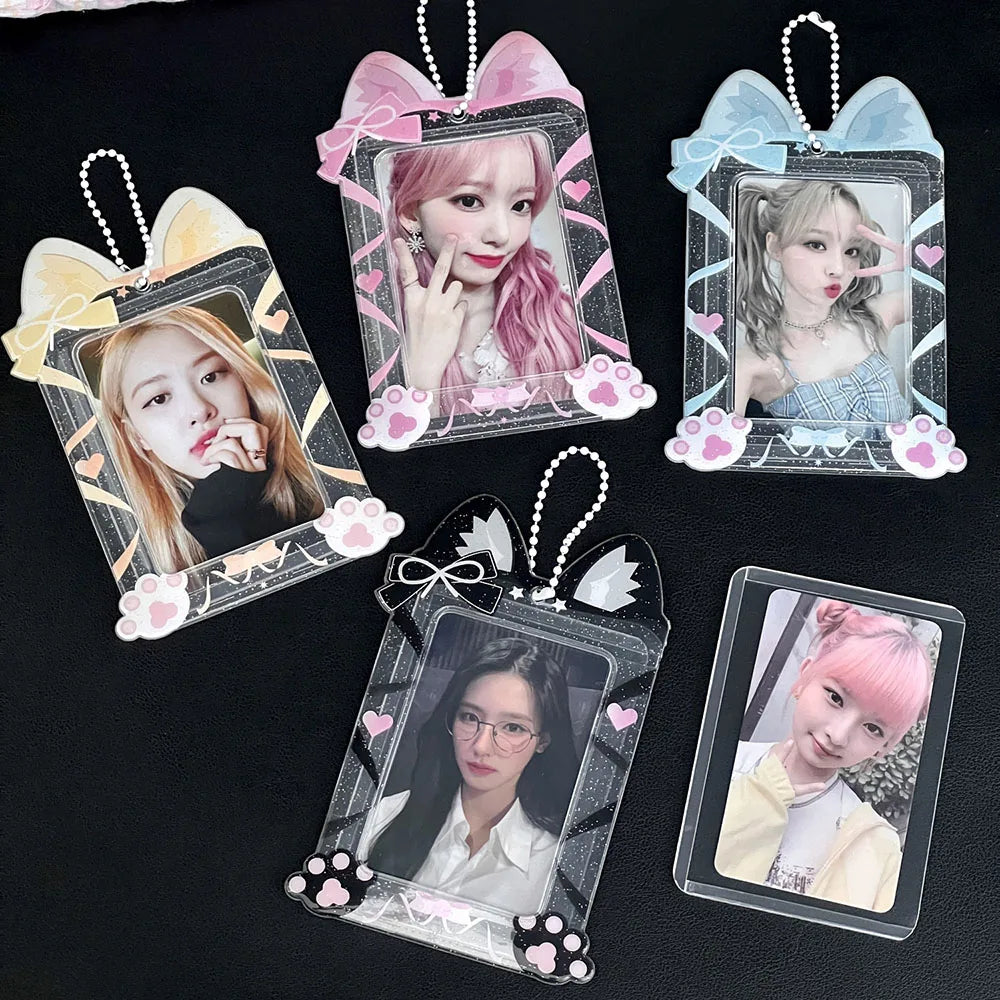 Cute Cat Photocard Holder Glitter Transparent Idol 3 Inch Photo Card Sleeves PVC Student ID Bus Card Case Keychain Bag Pendant