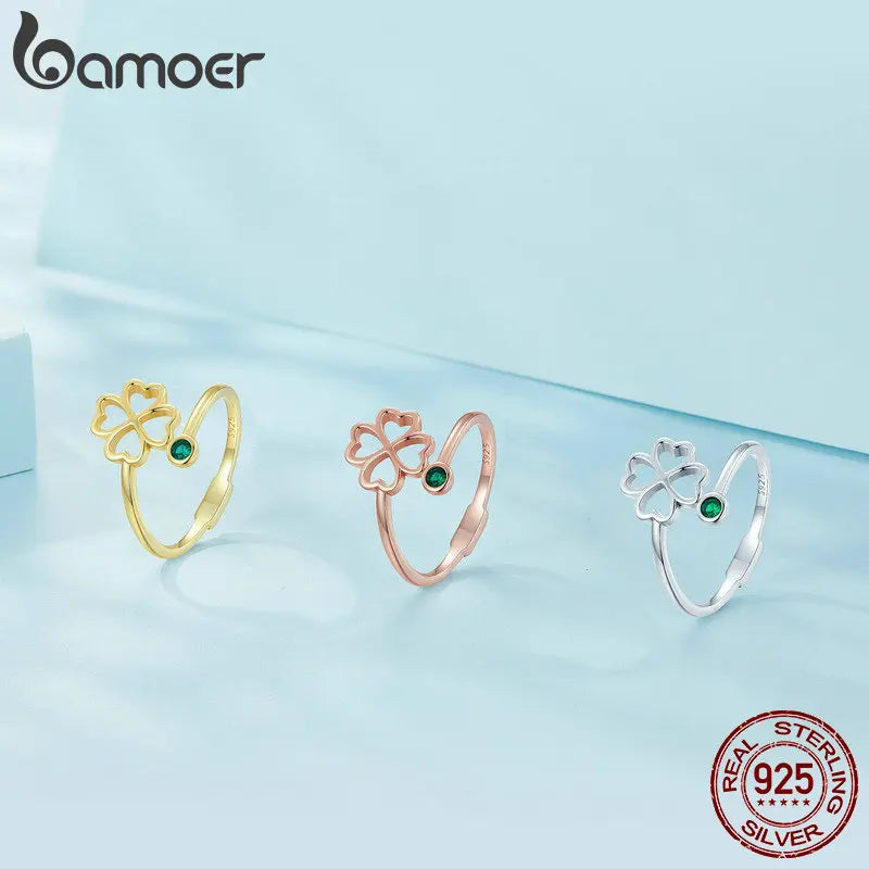 BAMOER 925 Sterling Silver Simple Four Leaf Clover Ring for Girl, Women 14K Gold Plated Promise Lucky Ring 3 Colors SCR843