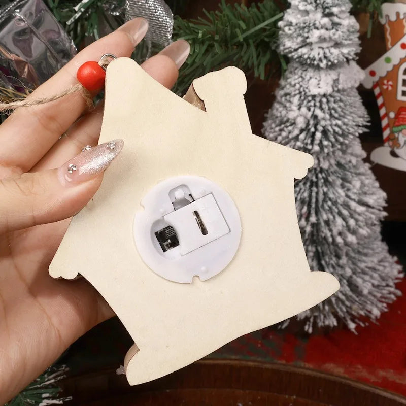 Christmas Night Lights Wooden House Pendant Gingerbread Man Hanging Ornaments for Home Party Xmas Trees Decoration Holiday Light