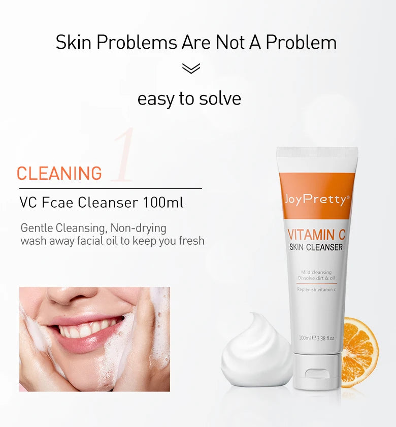 JoyPretty Vitamin C Face Skin Care Kit 5Pcs Whitening Cream for Dark Skin Serum Cleanser Facial Skin Lightening Moisturizing Set