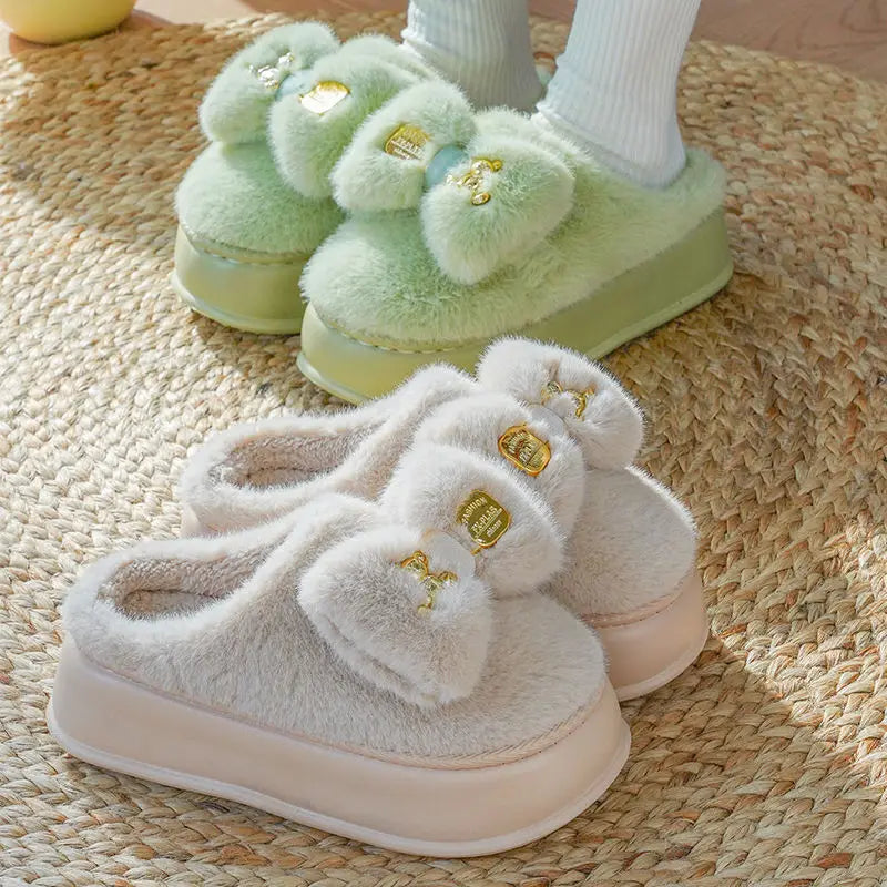 Pink clog slippers with fur slides women's indoor kawaii bowknot mules woman winter 6 cm platform fluffy home slippers ladies