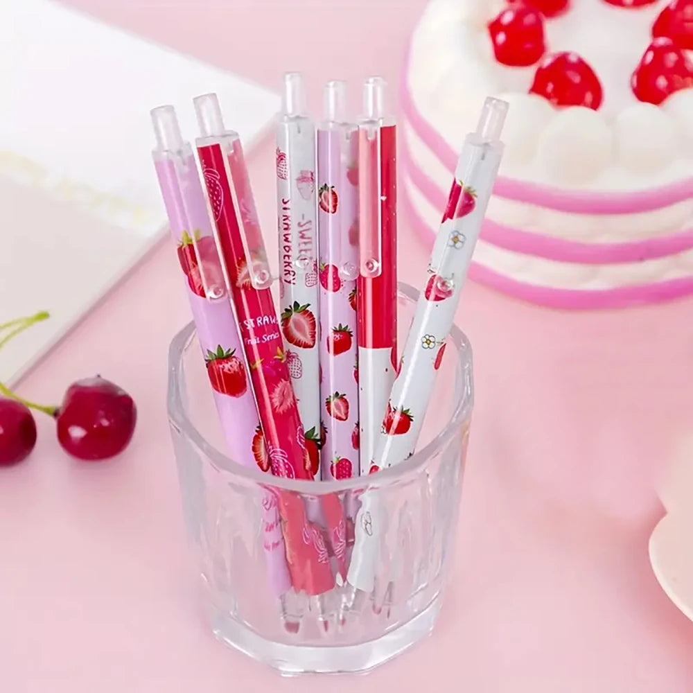 6pcs Sweet Strawberry Scented Retractable Gel Pens Classic Ballpoint Pen Writing Pen Office School Writing Stationery