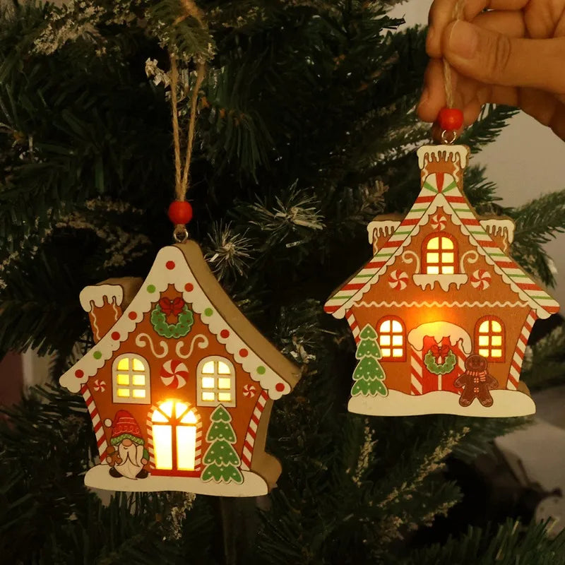 Christmas Night Lights Wooden House Pendant Gingerbread Man Hanging Ornaments for Home Party Xmas Trees Decoration Holiday Light