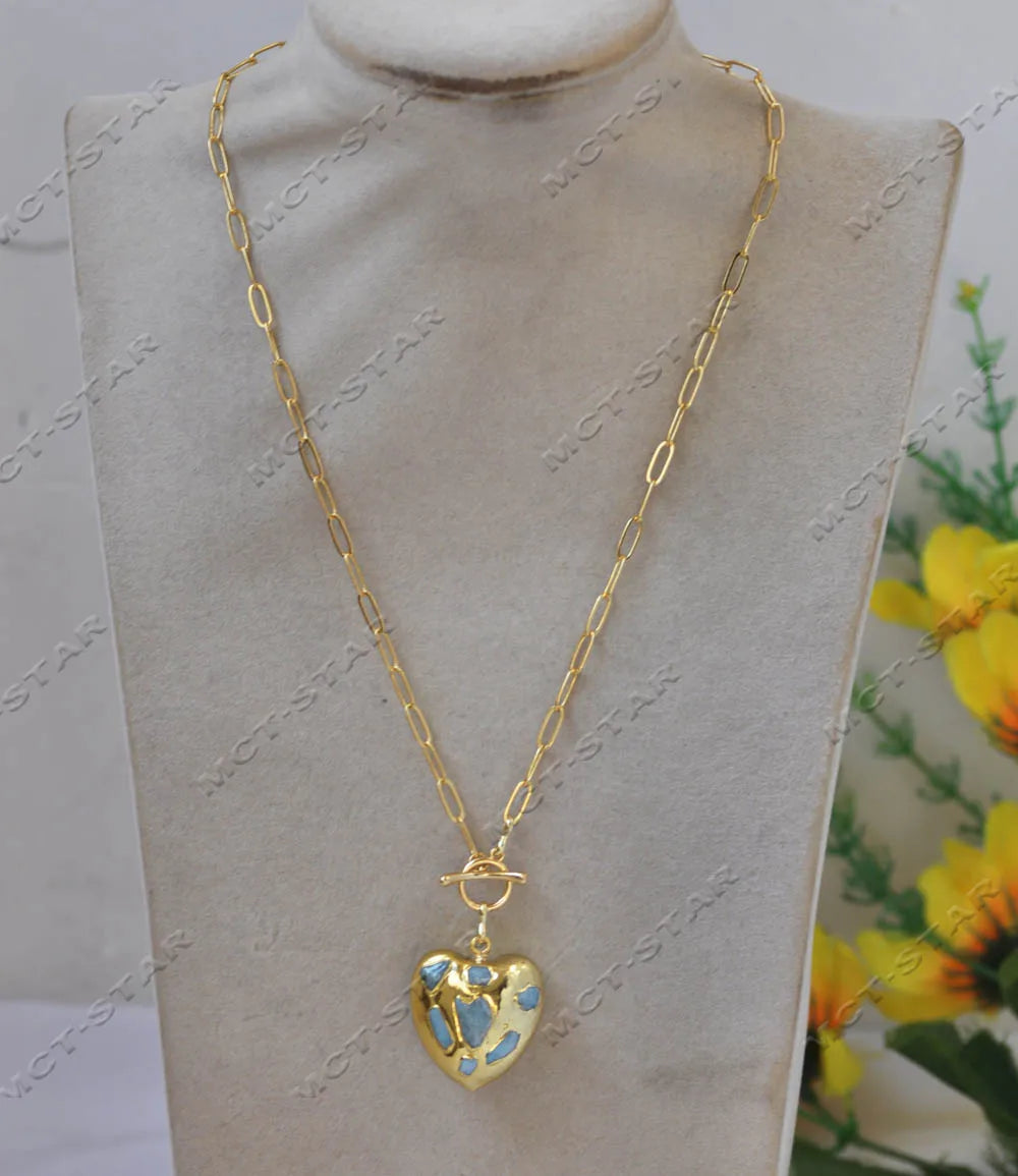 Z13023 32mm Natural Electroplated Blue Aquamarine Larimar Heart Shaped Chain Pendant Earring