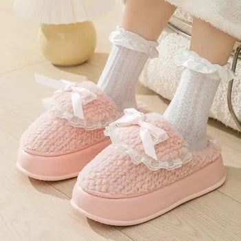 Pink clog slippers with fur slides women's indoor kawaii bowknot mules woman winter 6 cm platform fluffy home slippers ladies