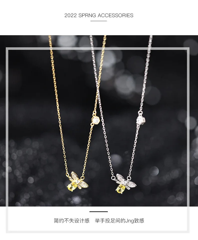 Fashion 925 Sterling Silver Small Bee Zircon Necklace Charm Animal Pendant Cute Clavicle Chains Fine Jewelry for Women