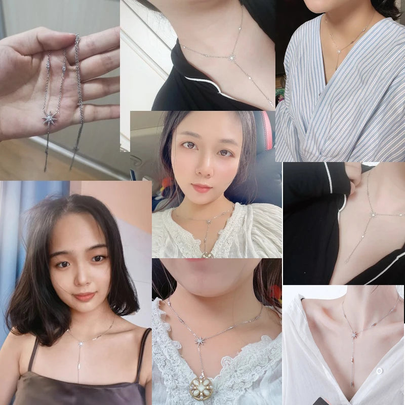 Hot 925 Sterling Silver Long Choker Glitter Diamond Round Necklace Ladies Clavicle Chain Exquisite Wedding Party Fine Jewelry