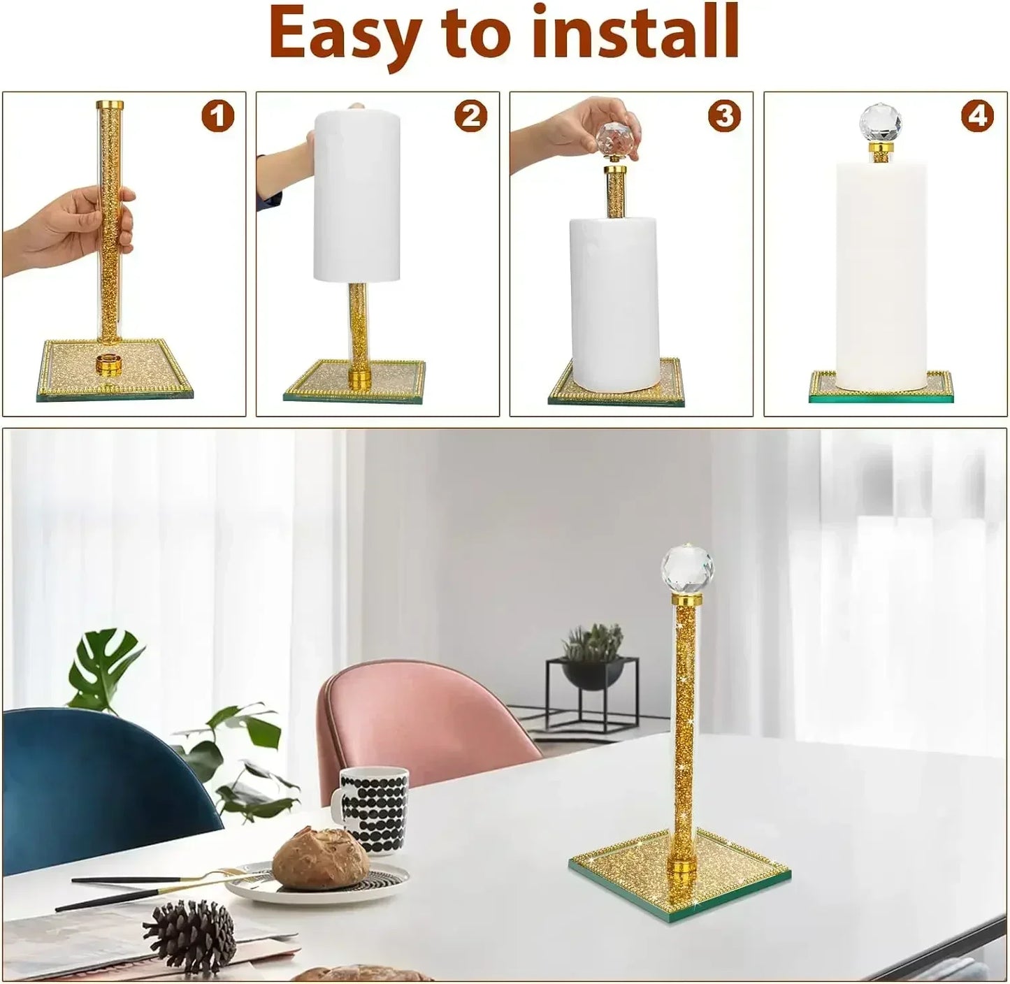 Crystal Paper Towel Holder Stand Countertop Toilet Tissue Roll Holders with Bling Heavy Base House Decor for Kitchen Bathroom