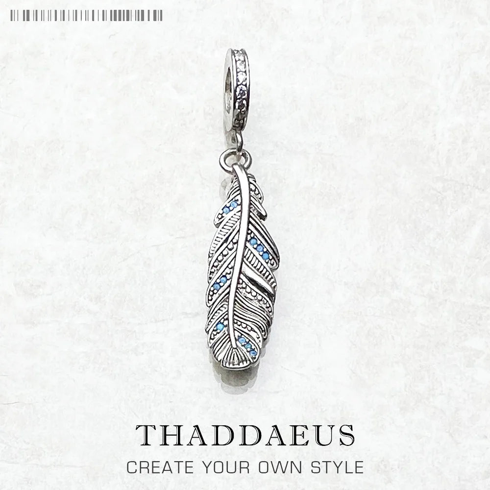 Fashion New 925 Sterling Silver Feather Blue Pendants Charm For Women Men Trendy Accessory Making