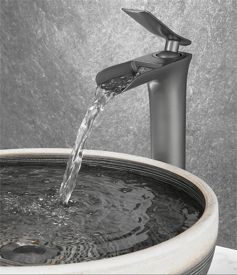 Basin Faucet Grey Waterfall Faucet Brass Bathroom Faucet Gold Bathroom Basin Faucet Mixer Tap Hot and Cold White Sink faucet