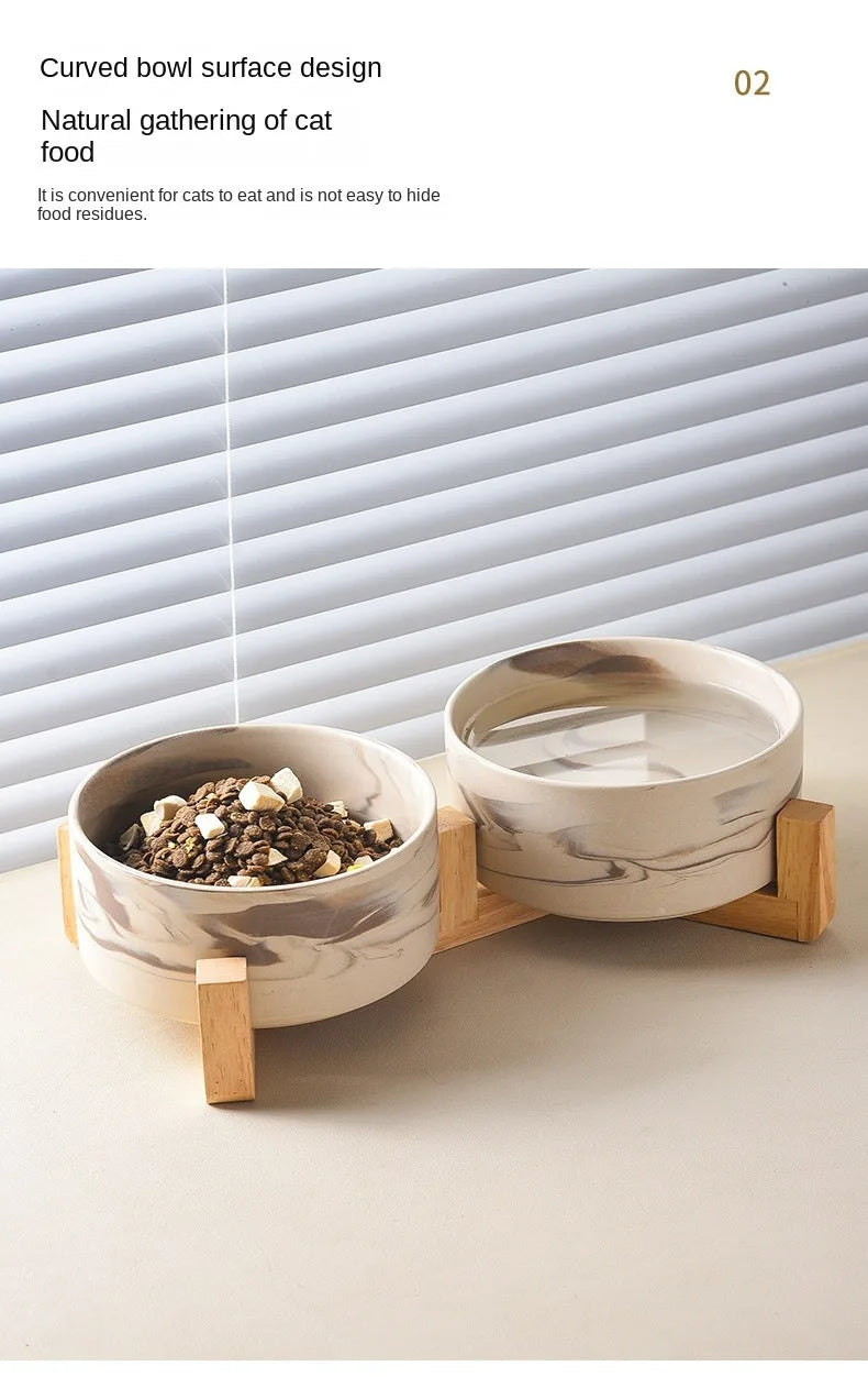Marbling Ceramic Cat and Dog Bowl Medium Large Dog Feeding and Feeding Double Bowl with Wooden Rack Pet Puppy Accessories