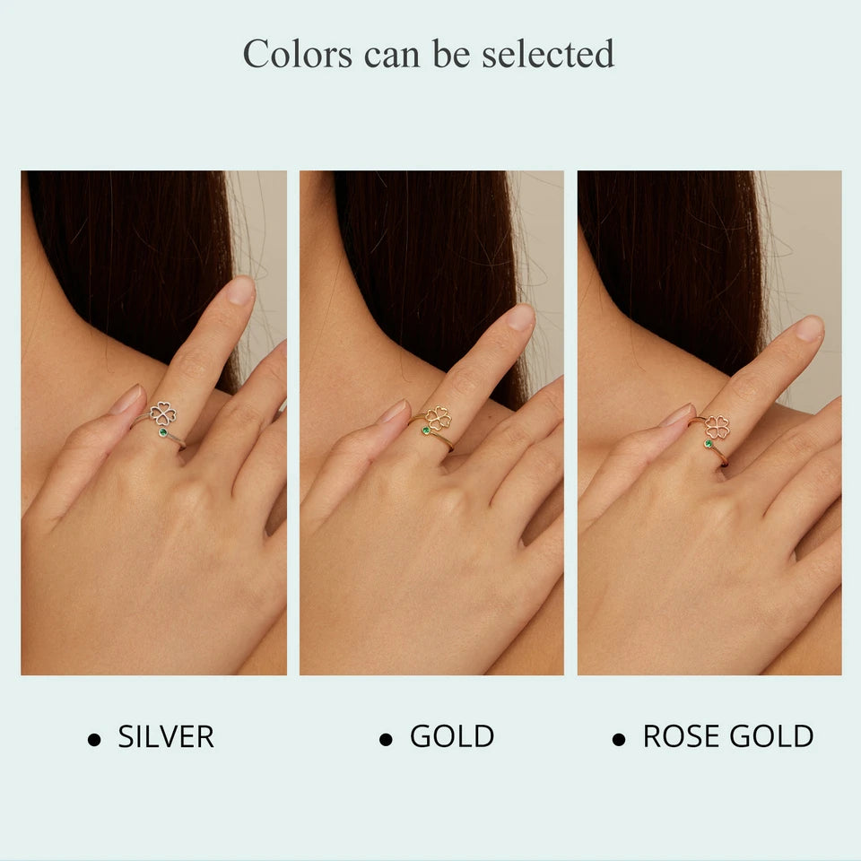 BAMOER 925 Sterling Silver Simple Four Leaf Clover Ring for Girl, Women 14K Gold Plated Promise Lucky Ring 3 Colors SCR843