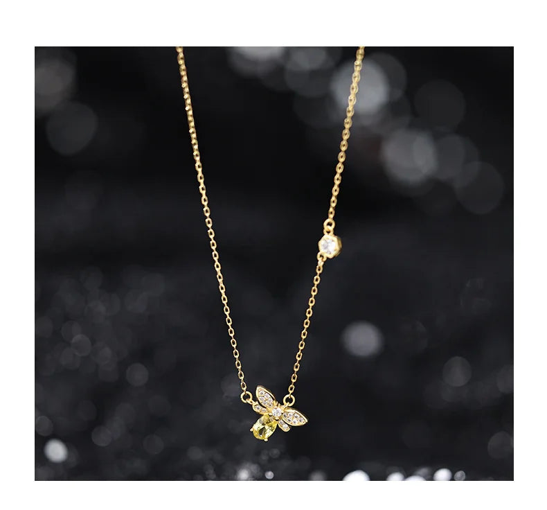 Fashion 925 Sterling Silver Small Bee Zircon Necklace Charm Animal Pendant Cute Clavicle Chains Fine Jewelry for Women