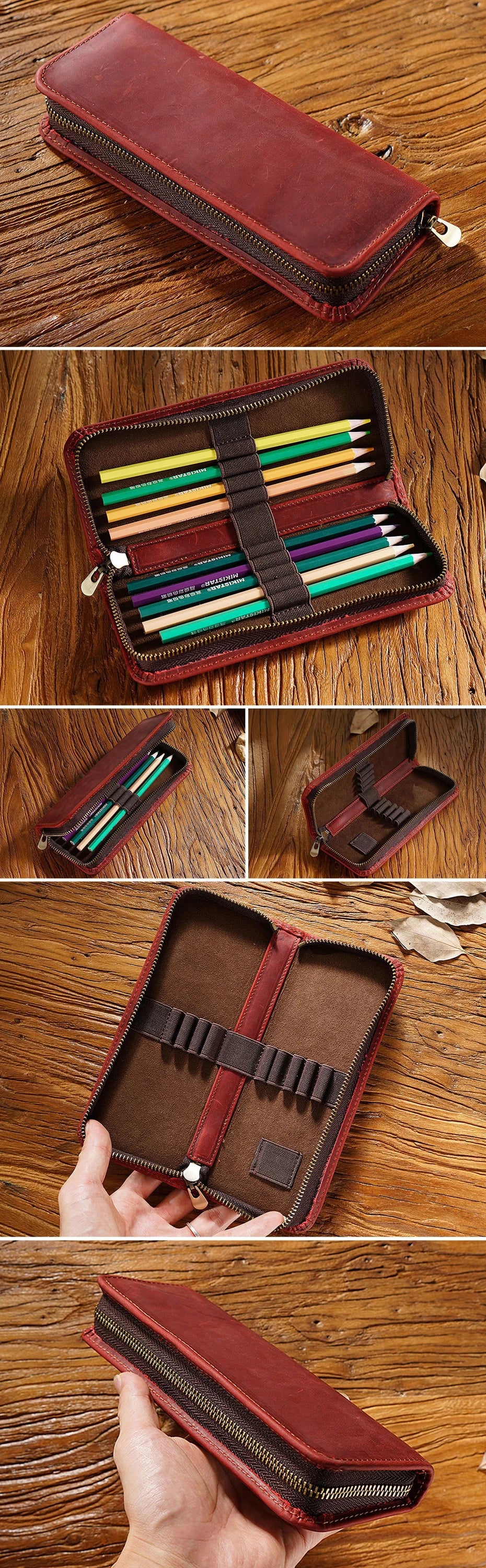 Genuine Leather Multi-functional Pencilcase with Pen Holder Organizer Zipper Pen Case Stationery
