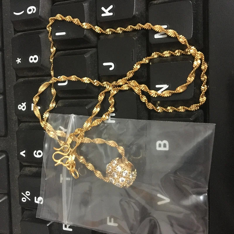 Fashion Lucky Beads Authentic 24k Gold Color Necklace 2mm46cm Water Ripple Necklace For Women Wedding Jewelry Gifts