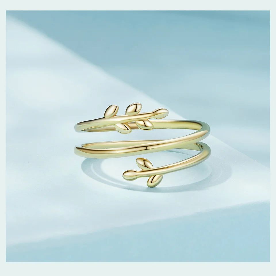 BAMOER Gold Plated Leaves Adjustable Ring, S925 Silver Trendy Multilayer Leaf Open Ring for Women Fashion Jewelry Gift 2 Colors