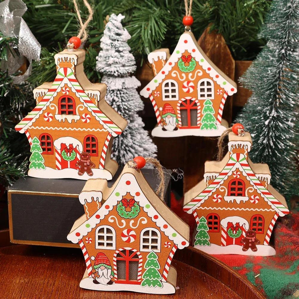 Christmas Night Lights Wooden House Pendant Gingerbread Man Hanging Ornaments for Home Party Xmas Trees Decoration Holiday Light