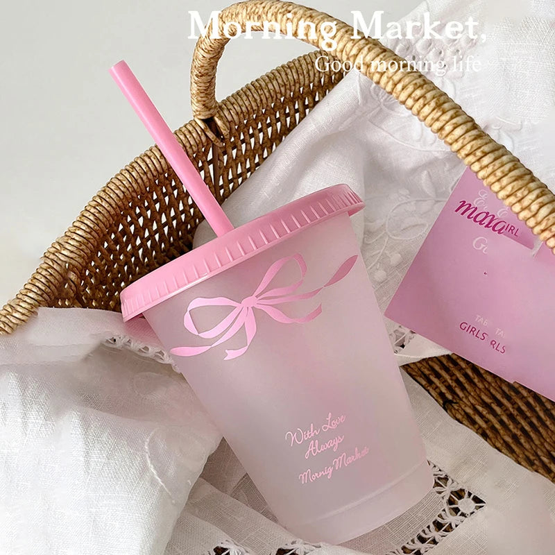 Kawaii Water Cup With Lid Straw For Coffee Juice Milk Tea Cute Plastic Water Bottle Portable Reusable Drinking Bottles BPA Free
