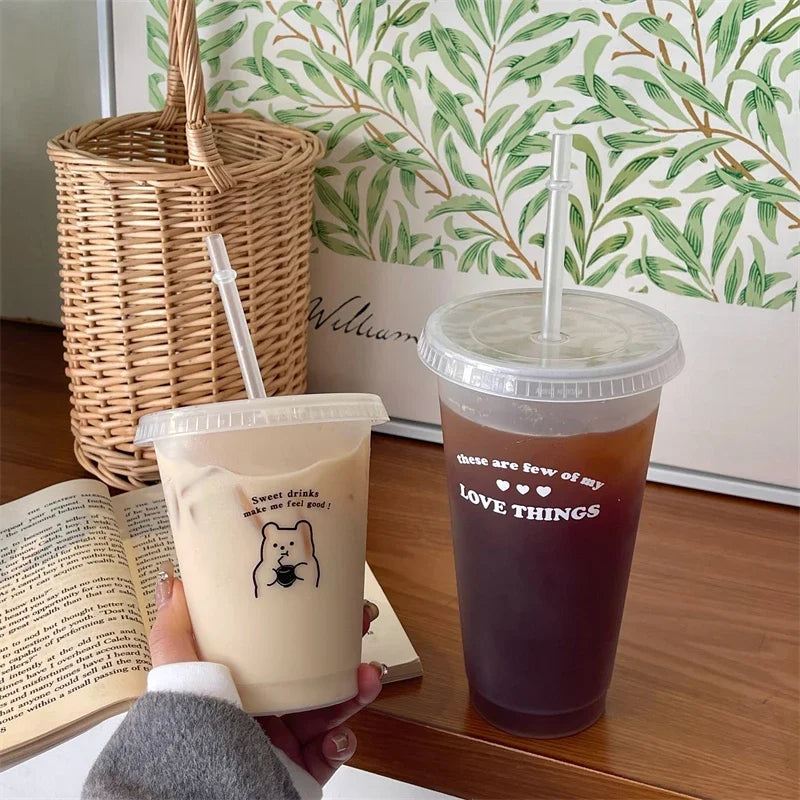 470/700ml Cute Korean Style PP Material Portable Water Bottle Coffee Juice Milk Tea Cup Plastic Cool Cup with Lid Straw Reusable